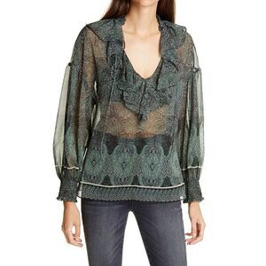 Alice + Olivia Sheer Dark Green And Black Paisley Long Sleeve Ruffle Top Small